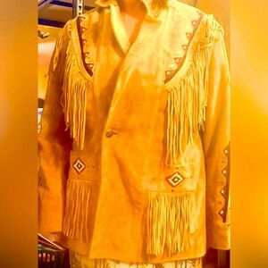 Fringed Suede Jacket with Red &Black Beadwork Accents, Size xL